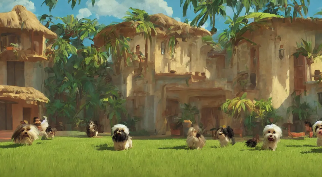 Image similar to havanese dogs playing in a cuba hacienda, 1 9 0 0, genndy tartakovsky, atey ghailan, goro fujita, studio ghibli, rim light, morning lighting, clear focus, very coherent