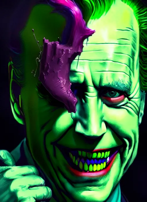 Image similar to portrait of joe biden as the joker, green hair, intricate, elegant, glowing lights, highly detailed, digital painting, artstation, concept art, sharp focus, illustration, art by wlop, mars ravelo and greg rutkowski