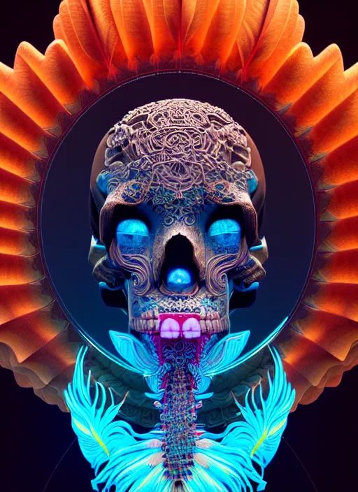Prompt: 3 d goddess with tattoos profile portrait, sigma 5 0 0 mm f / 5. beautiful intricate highly detailed quetzalcoatl skull and feathers. bioluminescent, plasma, lava, ice, water, wind, creature, thunderstorm! artwork by tooth wu and wlop and beeple and greg rutkowski, 8 k trending on artstation,