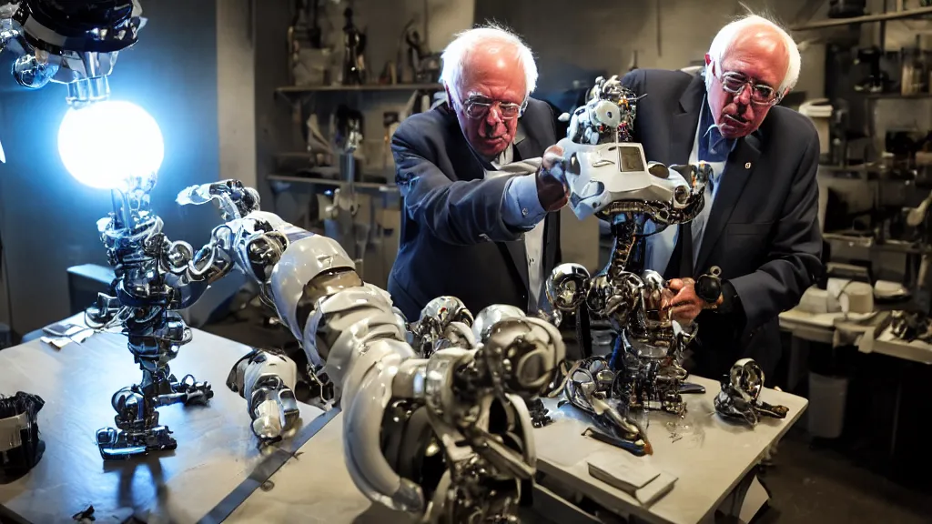 Image similar to bernie sanders putting the finishing touches on a cute clockwork doomsday robot, cinematic moody lighting, sharp focus, dirty laboratory, imax