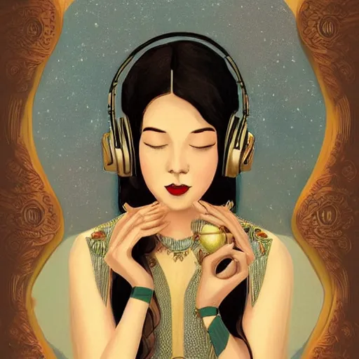 Image similar to intricate, amazing, art deco, retro vintage and romanticism, painting by natelle quek, soft color palette, highly detailed, godess with headphones from space sci - fi of ancient religion