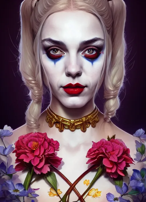 Image similar to symmetry portrait of floral harley quinn, intricate, elegant, highly detailed, digital painting, artstation, concept art, smooth, sharp focus, illustration, art by artgerm and greg rutkowski and alphonse mucha, 8 k