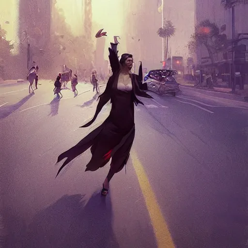 Prompt: A handsome woman, dancing in the middle of an intersection, stopping peak hour traffic, digital art, fantasy art by Greg Rutkowski