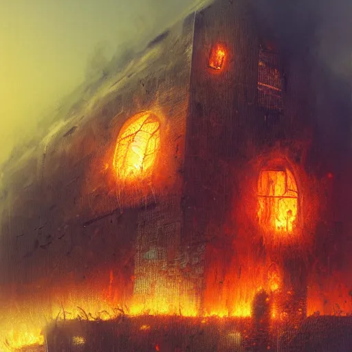 Image similar to unknown creature destroys building in flames, highly detailed, digital image, artstation concept art, smooth, sharp focus, artgerm, alphonse fly, photorealistic by beksinski