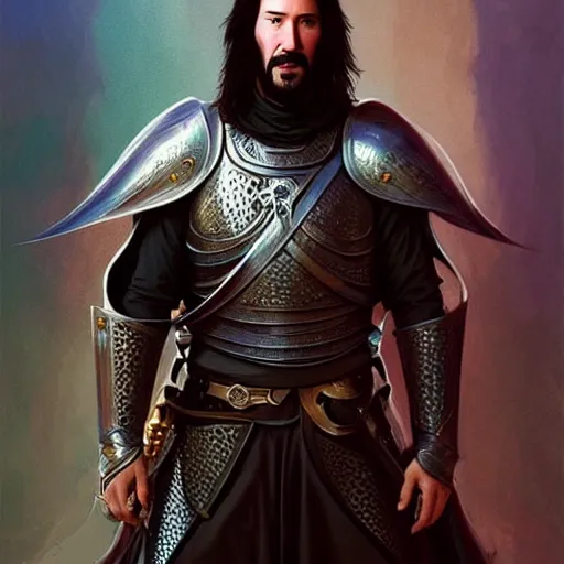 Image similar to Keanu Reeves dressed as a knight, D&D, fantasy, intricate, elegant, highly detailed, digital painting, artstation, concept art, matte, sharp focus, illustration, art by Artgerm and Greg Rutkowski and Alphonse Mucha