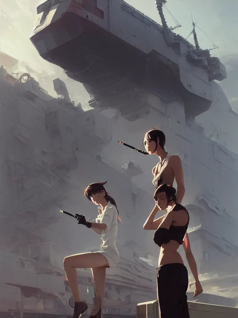 Image similar to Close-up Beautiful full body portrait of a lone beautiful cyborg anime woman smoking a cigarette, standing in front of a cyborg repair shop, while a lone futuristic military cargo ship flies overhead, by Greg Rutkowski and Krenz Cushart and Pan_Ren_Wei and Hongkun_st and Bo Chen and Enze Fu and WLOP and Alex Chow, Madhouse Inc., anime style, crepuscular rays, set in rainy futuristic cyberpunk Tokyo street, dapped light, dark fantasy, feminine figure, smooth skin, gorgeous, pretty face, beautiful fashion model body, high detail, hyper realistic, cgsociety, trending on artstation