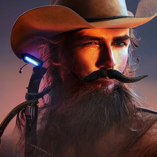 Image similar to Photorealistic cowboy with an animal bat as his moustache. Hyperdetailed photorealism, 108 megapixels, amazing depth, glowing rich colors, powerful imagery, psychedelic Overtones, 3D finalrender, 3d shading, cinematic lighting, artstation concept art