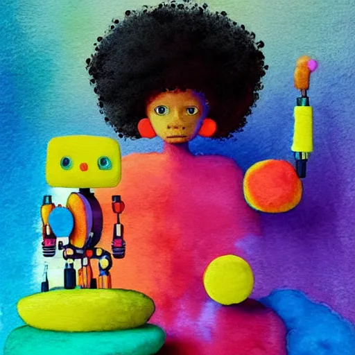 Image similar to a black girl with a colorful afro and rainbow eyes building a robot, bright colours, bokeh!! watercolor, volumetric wool felting, macro photography, children illustration, by goro fujita