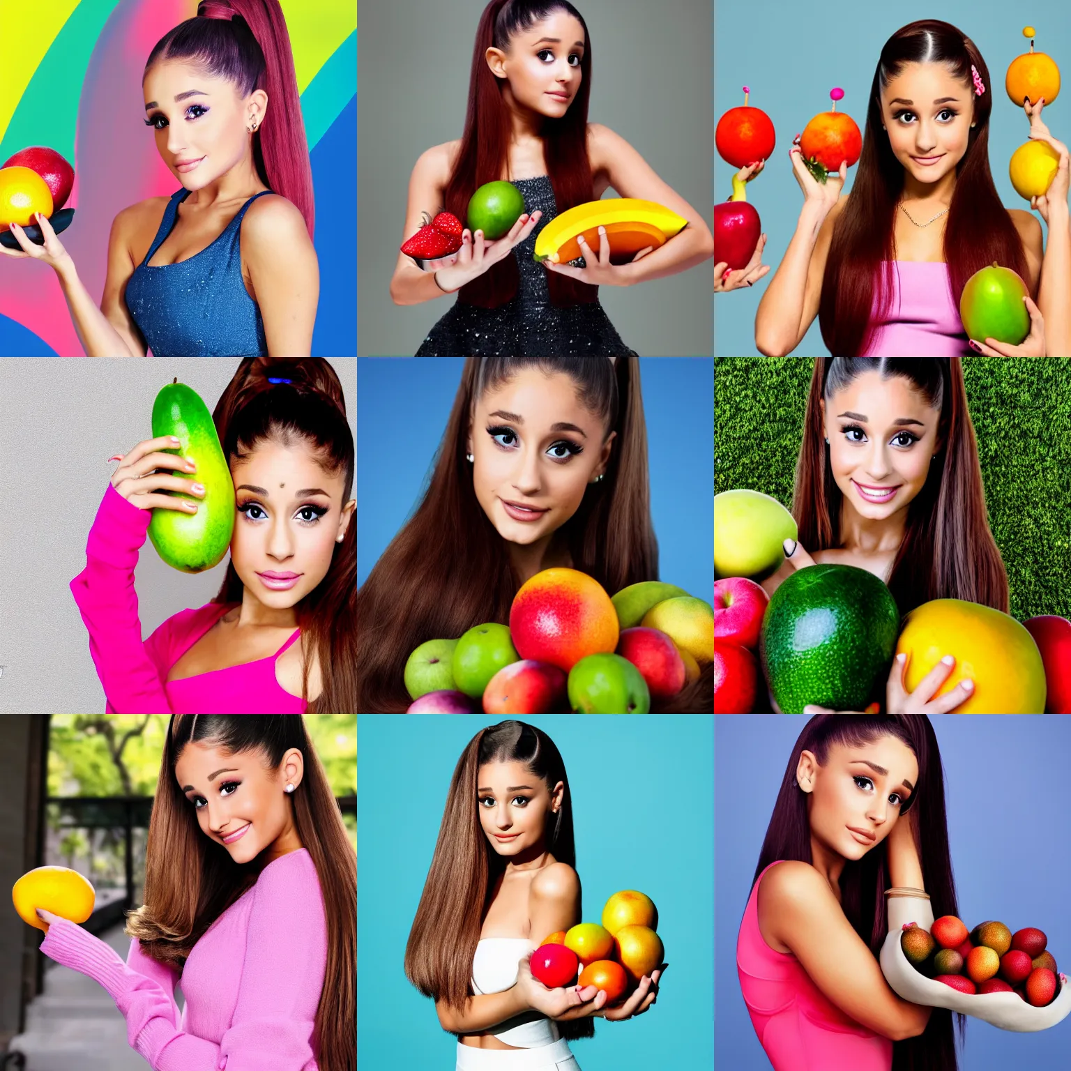 Prompt: Ariana Grande holding various colored fruits.CG,8k,HD,