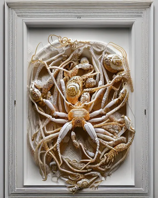 Image similar to symmetry, intracate white marble bas relief sculpture of a woman made of crabs, white marble with gold wire inlay, thousands of crabs, thousands of spiders, thousands of tarantulas, highly detailed, intricately detailed, art nuevo, octane, 8 k, hdr, art by hr geiger and ridley scott and alphonse mucha, trending on artstation