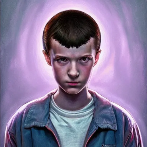 Prompt: beautiful teenage portrait of Eleven from the stranger things by (((Marco Mazzoni ))) marco mazzoni ,dark ,detailed!! ,(((flowers on hair))) ,portrait, side light!!!-n4
