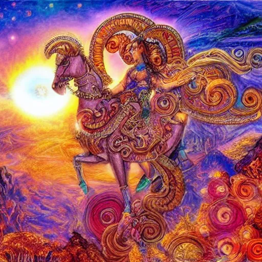 Prompt: goddess by josephine wall, goddess riding ram, flying ram, golden ram, goddess checking her phone, erupting volcano in distance, flowers in foreground, sun setting on right side of image, stars in sky on left side of image, trending on artstation, fantasy, intricately detailed