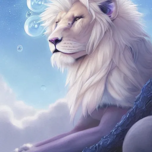 Prompt: aesthetic portrait commission of a albino male furry anthro lion floating and sleeping inside a soap bubble while opening its third eye in the blue cloudy sky, minimalistic sky Atmosphere, hyperdetailed. Character design by charlie bowater, ross tran, artgerm, and makoto shinkai, detailed, inked, western comic book art, 2021 award winning painting