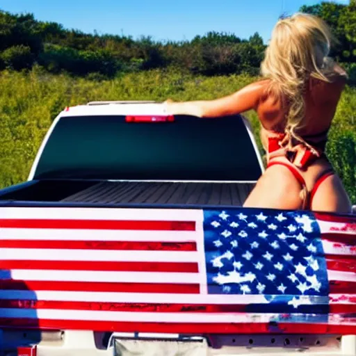 Prompt: photo of woman in the back of a pickup truck wearing bikinis waving the american flag. they are drunk.
