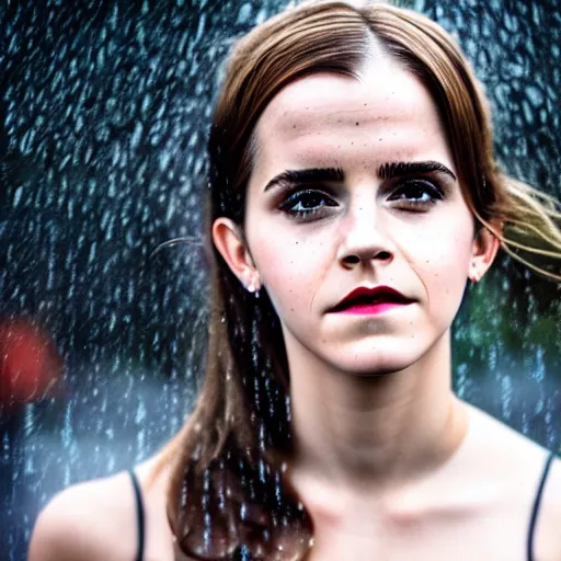 Prompt: Emma Watson standing outside in the rain, sad, modelsociety, radiant skin, huge anime eyes, RTX on, perfect face, directed gaze, intricate, Sony a7R IV, symmetric balance, polarizing filter, Photolab, Lightroom, 4K, Dolby Vision, Photography Award