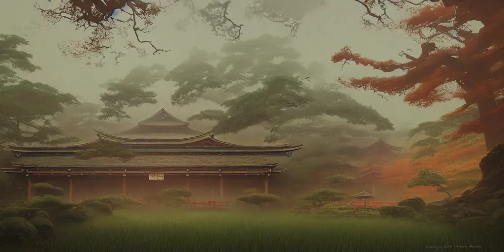 Prompt: foggy japanese shrine!!! a highly detailed cinematic oil painting by roger dean and alena aenami, dynamic lighting