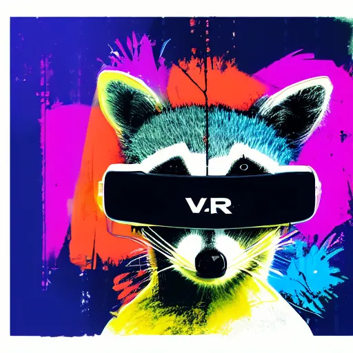 Prompt: illustration of cyberpunk raccoon in vr helmet, colorful splatters, by andy warhol and by zac retz and by kezie demessance
