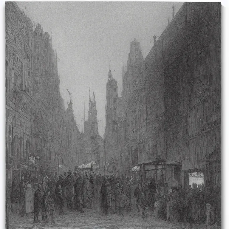 Image similar to some people waiting in a lone bus stop in qiet dark city, by Gustave Doré