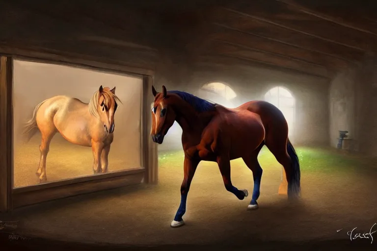 Image similar to A horse attempting to solve a jigsaw puzzle!!!, looking confused, cinematic lighting, evening light, stables, digital painting, volumetric light, concept art, trending on artstation