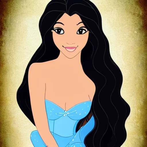 Prompt: a beautiful woman with long black hair, brown eyes, tanned skin as a disney princess