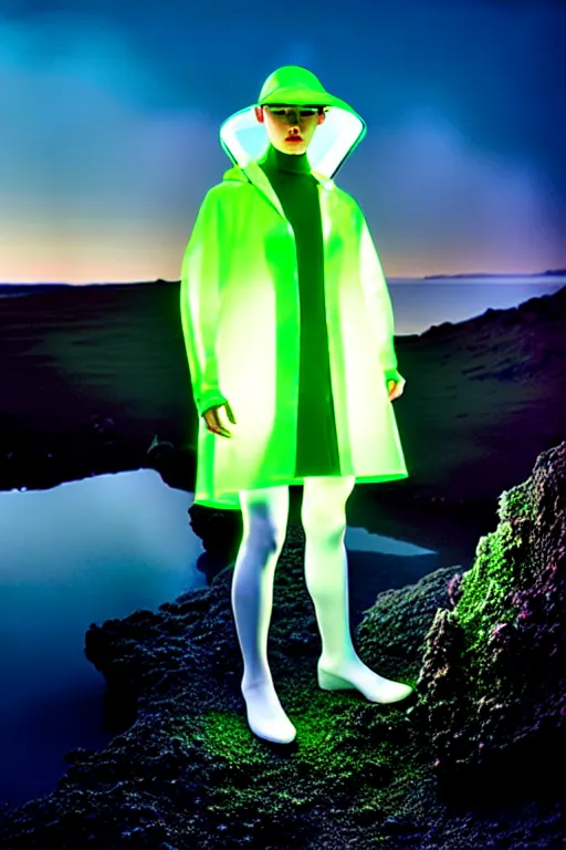 Image similar to an ultra high definition professional high fashion portrait studio full length photograph of a model wearing a transparent pearlescent raincoat and neon visor in an icelandic black rock environment at dawn. no artefacts. extremely detailed. stark. refraction. shallow depth of field. volumetric light and shadow. ray tracing. light rays.