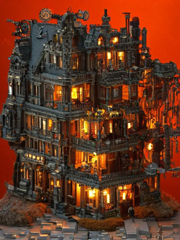 Image similar to mega detailed miniature voxel diorama steampunk workshop, victorian era, vintage architecture, clockwork technology, soft lights are on in the windows, dark night, fog, winter, blizzard, cozy and warm atmosphere, row of street lamps with demonic orange light, several ruins nearby, 1 8 5 0