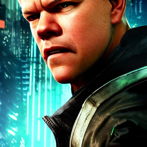 Prompt: matt damon portrait, cyberpunk 2 0 7 7, cyberpunk jackie welles, photorealistic, ultra detailed, neon, octane, bokeh, cinematic lighting, cyber, cyberpunk city, studio quality, feature, scars, cyberface, 8 k