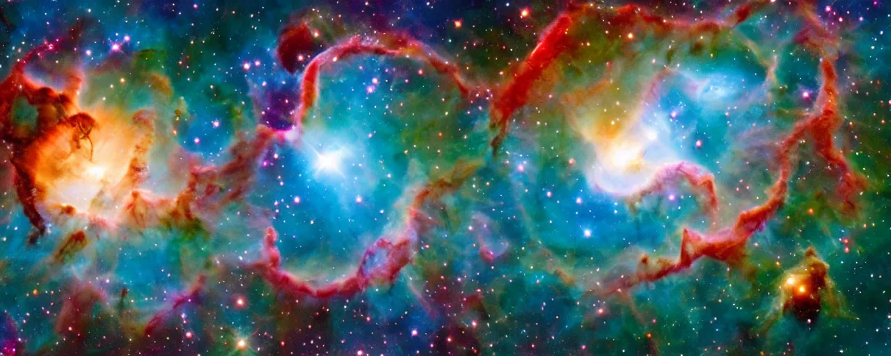 Prompt: chaotic volumetric space nebula, Helix nebula, Pillars of Creation, epic cosmic starfield scene, made by Hubble
