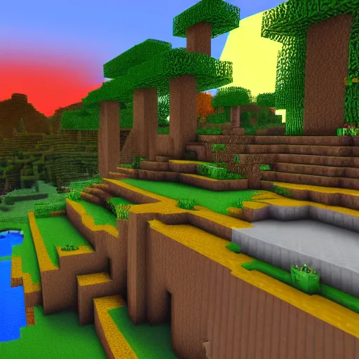 Image similar to next generation minecraft, pretty foliage, orange sunset, hearthstone, runterra