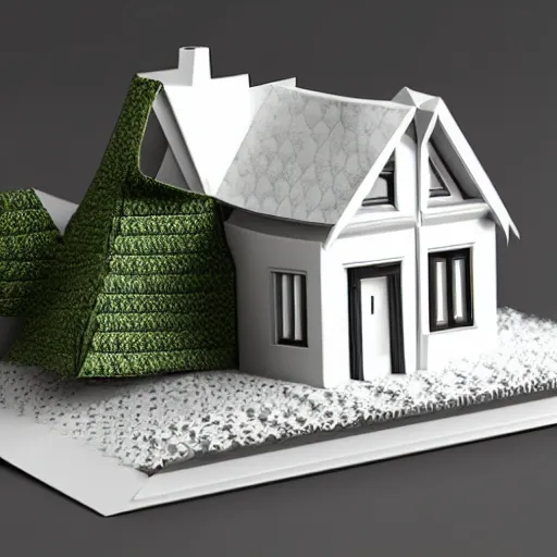 Image similar to origami farmhouse in white paper, 3 d render, ultra detailed, on white background, studio shot