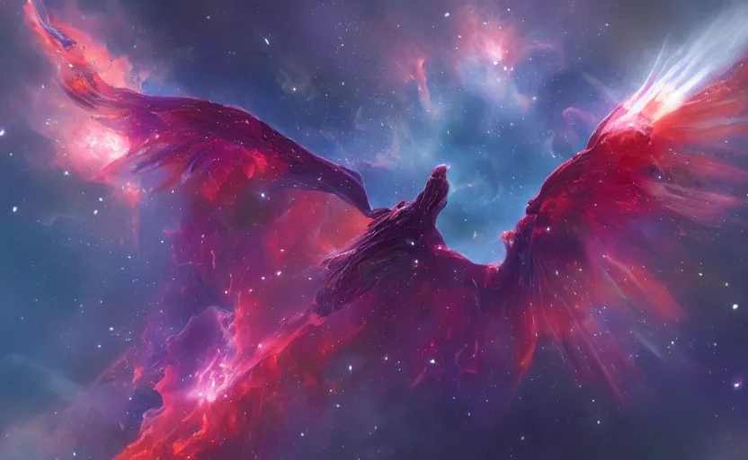 Image similar to a nebula in shape of a pheonix in space, artstation, cgsociety, highly detailed