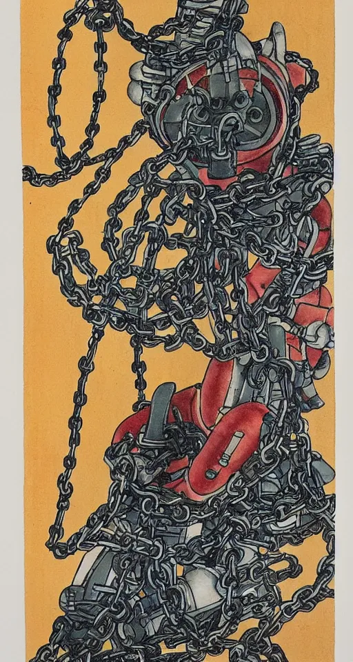 Image similar to a robot hanging by his feet in chains upside down peacefully, beautiful coloured Japanese ink painting inspired by the hanged man tarot card, sharp lines
