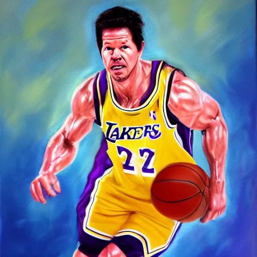 Image similar to portrait of mark wahlberg playing basketball in a lakers uniform, oil on canvas by william sidney mont, trending on art station