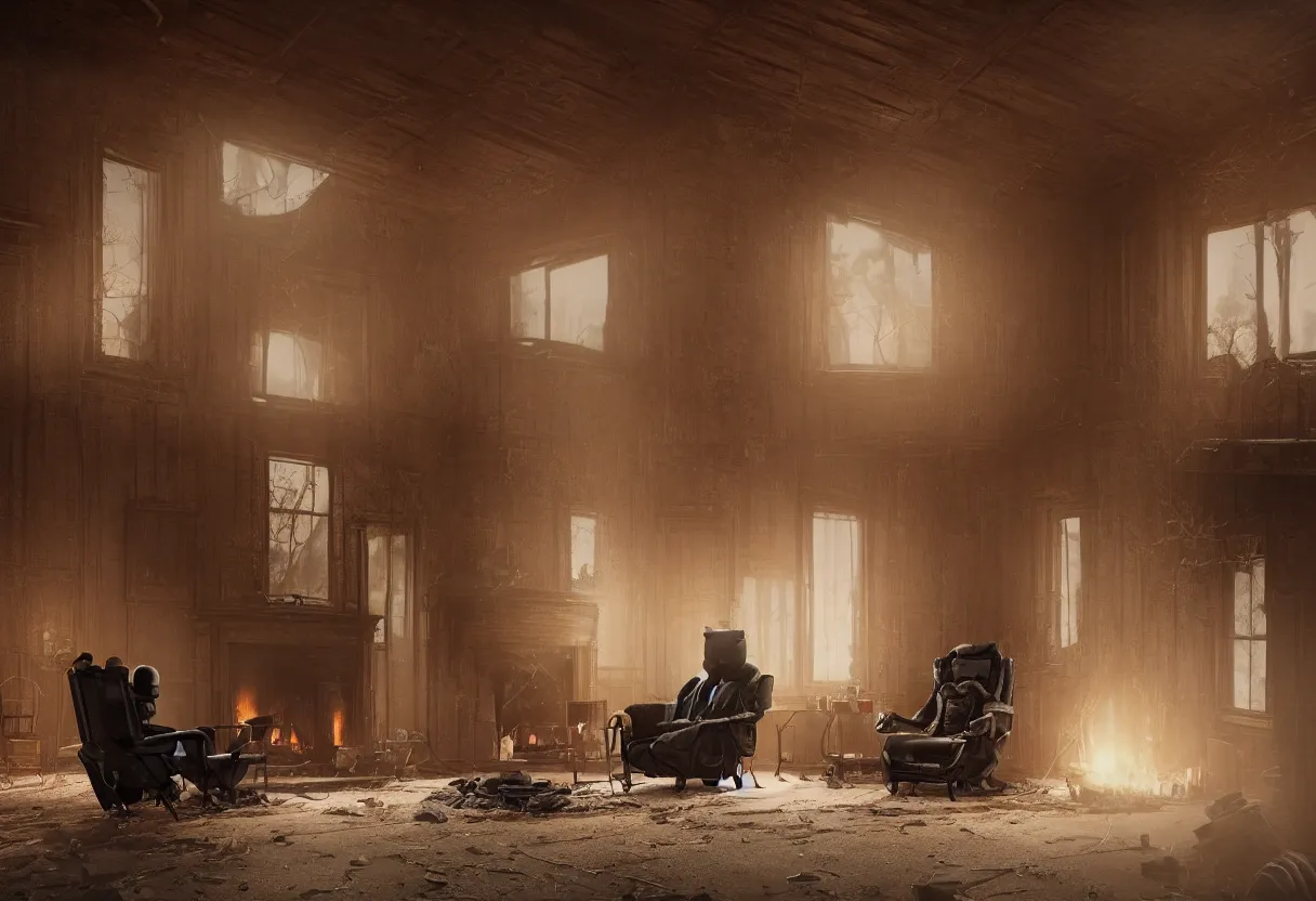 Image similar to An intimate closeup portrait photograph of a solitary futuristic robot sitting on a frayed recliner in front of a beautiful fireplace with a cozy fire, in a dilapidated steampunk Victorian home, soft morning light seeping in a window, with cinematic lighting and lens flare, tall ceiling, octane render, cgsociety, by Simon Stalenhag and Alfonso Cuaron, highly detailed close shot , award-winning highly detailed 8k anamorphic Arri Alexa Cooke cinematic movie photograph