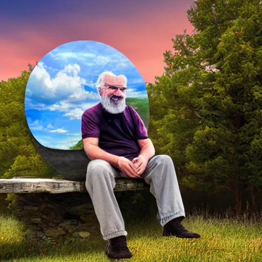 Image similar to realistic photo of a bearded old man sitting on a cloud in the sky using a desktop computer 3 5 mm hdr sunny