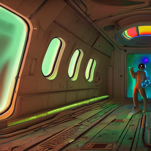 Prompt: digital art artwork of an astronaut walking in an abandoned spaceship by H. R. Giger, trending on artstation, Unreal Engine 5, 8K, colorful, neon colors