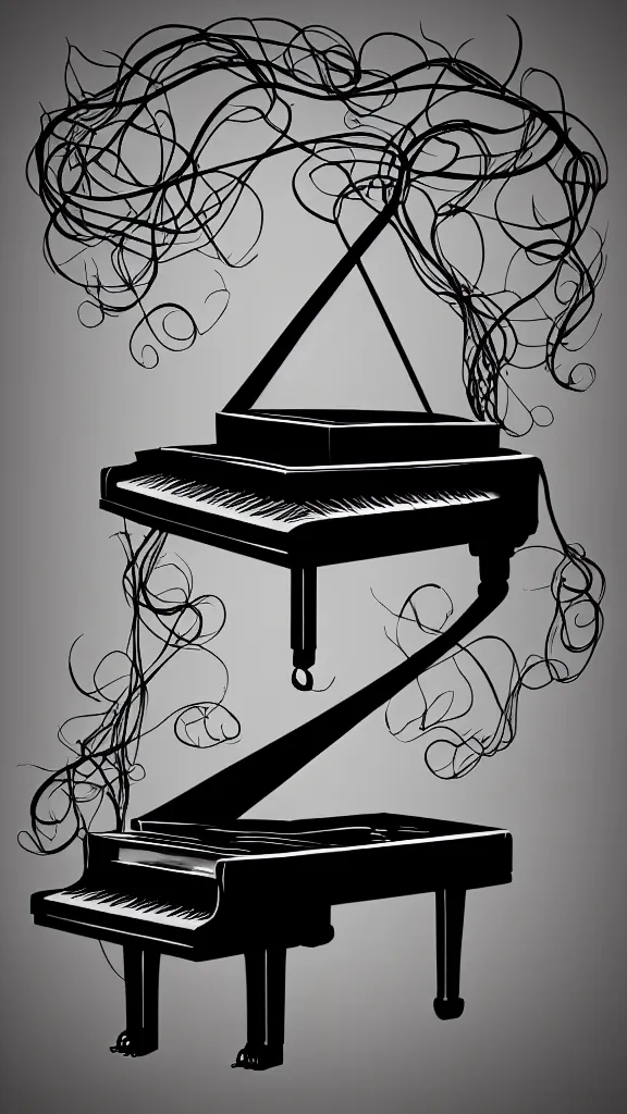 Prompt: a grand piano with long thick vines wrapped around it, fantasy art, art station, grey background,