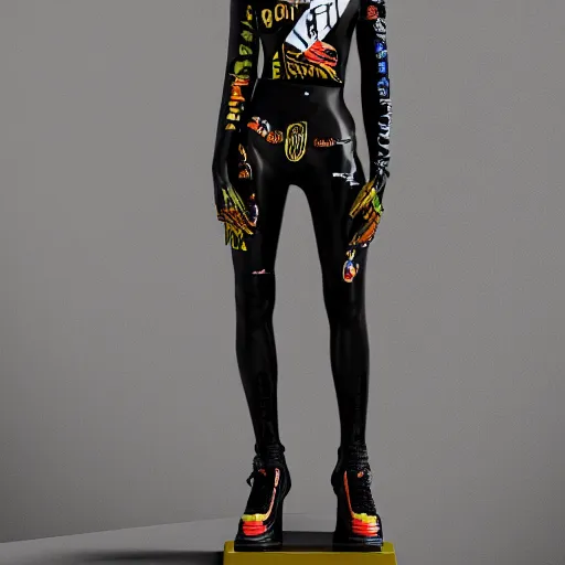 Image similar to black marble statue of a beautiful woman with colorful motocross logos in the style of virgil abloh, very very beautiful, detailed, off white, heron preston, 8 k, 4 k, detailed, beautiful, symmetrical, vogue, editorial, fashion, magazine, model