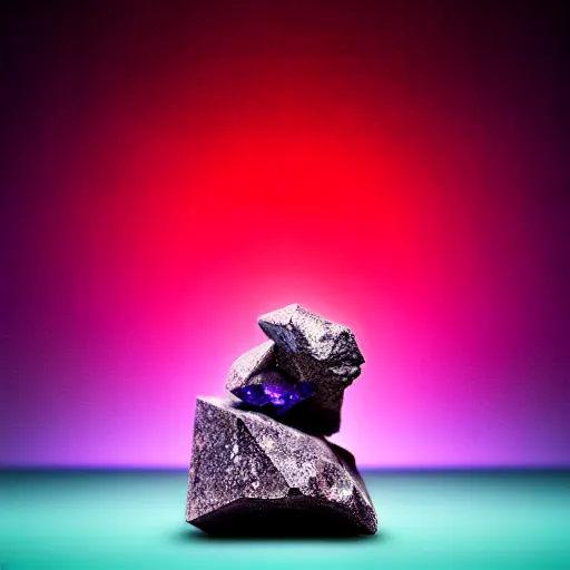 Image similar to a mineral rock, in a dark studio room, vaporwave theme. Photography of rare minerals. Tanzanite, Red Beryl, Bixbite, Red Emerald, Scarlet Emerald, Opal, Quartz, Elbaite, Calcite, Kunzite. in the style of artgerm.