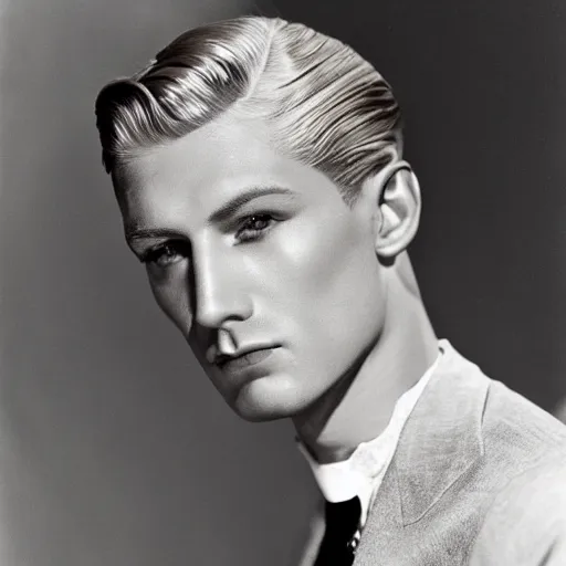 Prompt: a close - up portrait of a blonde male! actor from the 1 9 3 0 s. high cheekbones. good bone structure. dressed in 1 9 4 0 s style. butterfly lightning. key light sculpting the cheekbones. by george hurrell.