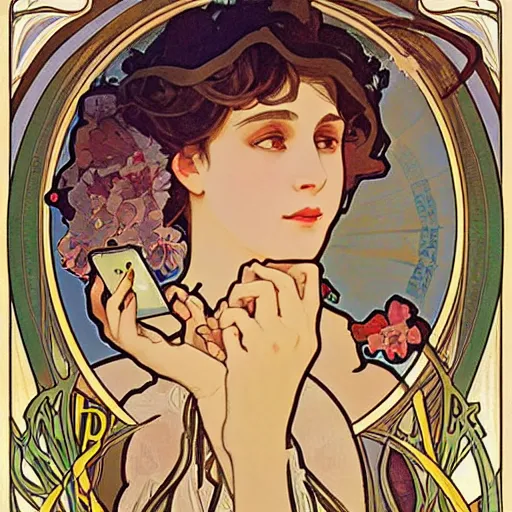 Prompt: a beautiful portrait of a woman hypnotially entranced by her iphone. highly detailed face. art by alphonse mucha and alphonse mucha and alfons mucha