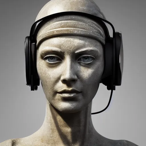 Image similar to the head of a marble cybernetic lady justice statue wearing a virtual reality headset on ground covered in sand, cyberpunk background, highly detailed, epic lighting, hyper photorealism, 8 k