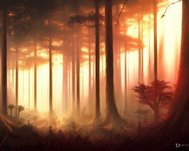 Image similar to dark twisted forest with god rays at sunset, deep focus, d & d, fantasy, intricate, elegant, highly detailed, digital painting, artstation, concept art, matte, sharp focus, illustration, hearthstone,