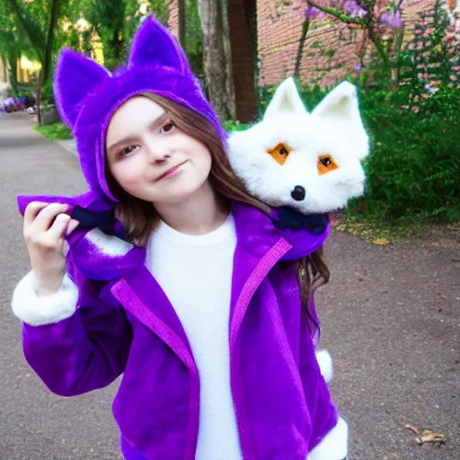 Prompt: girl with fox ears and fox tail wearing a purple and white varsity jacket, has a golden star clip in her bangs and on her jacket