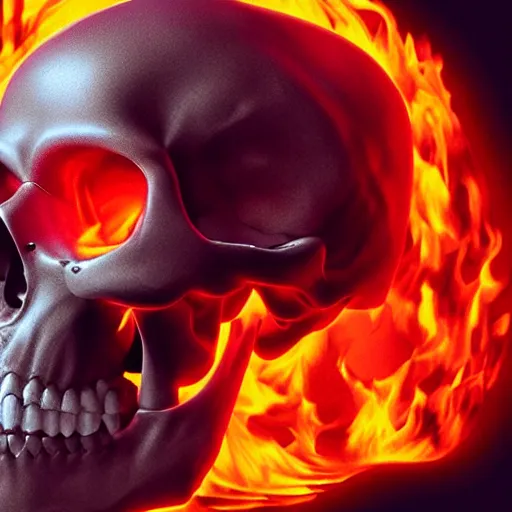 Prompt: a highly detailed human skull on fire in front of a glowing red background, 3 d, highly detailed, digital art, artstation, concept art, trending