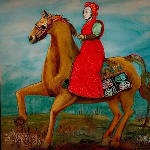 Prompt: The mixed mediart shows the heroine riding on a magnificent red horse. She is clad in a traditional Russian folk costume, complete with a brightly-colored headscarf. Her face is pale and beautiful, with a look of resolve in her eyes. Behind her, the horse's hooves churn up the earth as they gallop across the countryside. In the distance, the dark forest looms, its trees reaching up into the sky. scientific diagram by Jack Davis, by Zinaida Serebriakova amorphous