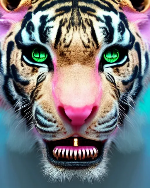 Image similar to natural light, soft focus extreme close up portrait of a cyberpunk anthropomorphic tiger with soft synthetic pink skin, blue bioluminescent plastics, smooth shiny metal, elaborate ornate head piece, piercings, skin textures, by annie leibovitz, paul lehr