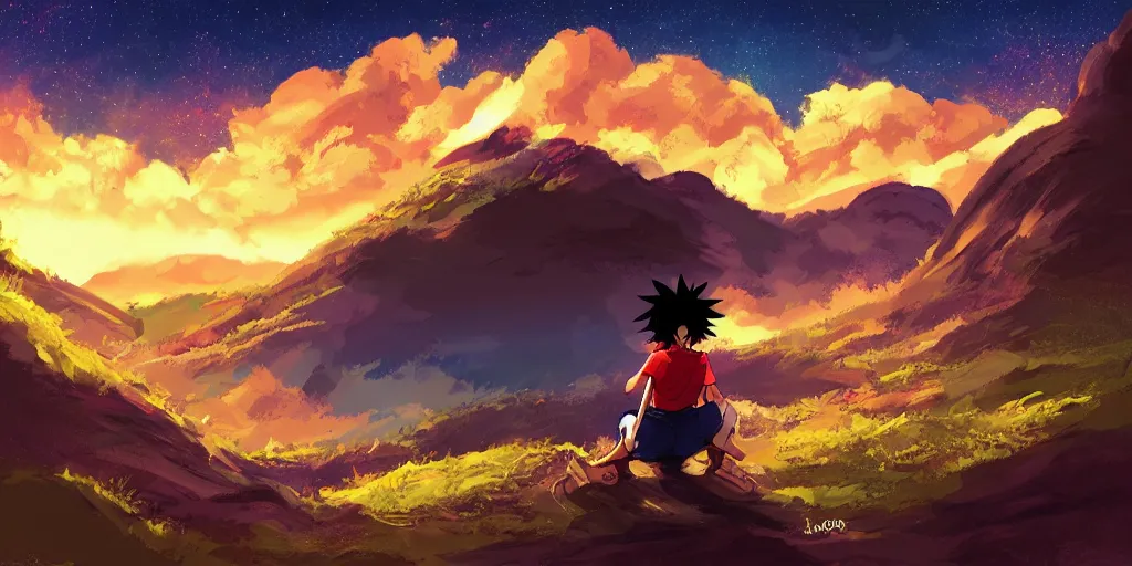 Prompt: luffy, mountain landscape, night sky, digital art, digital painting, celestial, majestic, playful, colorful