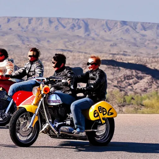 Prompt: a gang of biker cats, riding motorbikes, route 6 6