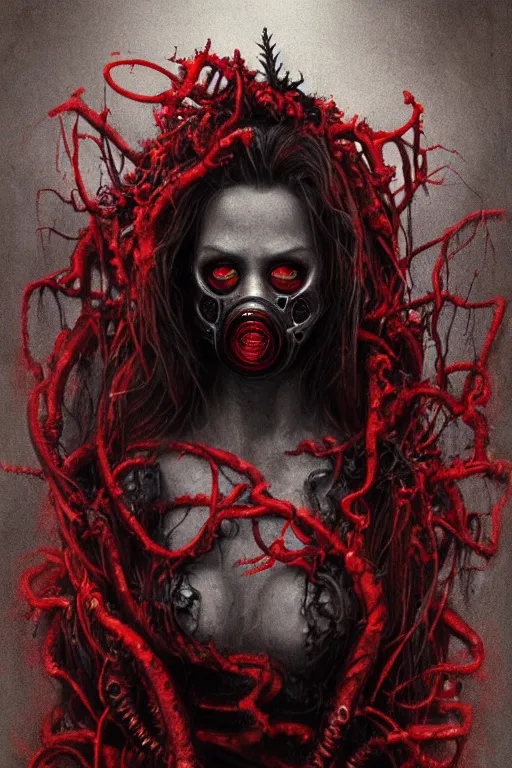 Image similar to realistic portrait beautiful detailed matte painting of cinematic movie scene a full body zombie with a gas mask, tentacles, black and red, thorns, vines, horror, created by gustave dore and greg rutkowski, high detailed, smooth draw, synthwave neon retro, intricate, realistic proportions, dramatic lighting, trending on artstation.